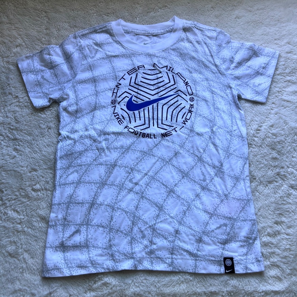 Nike Inter Milano Football Net Work Graphic T-Shirt White Blue Kids Small NWOT